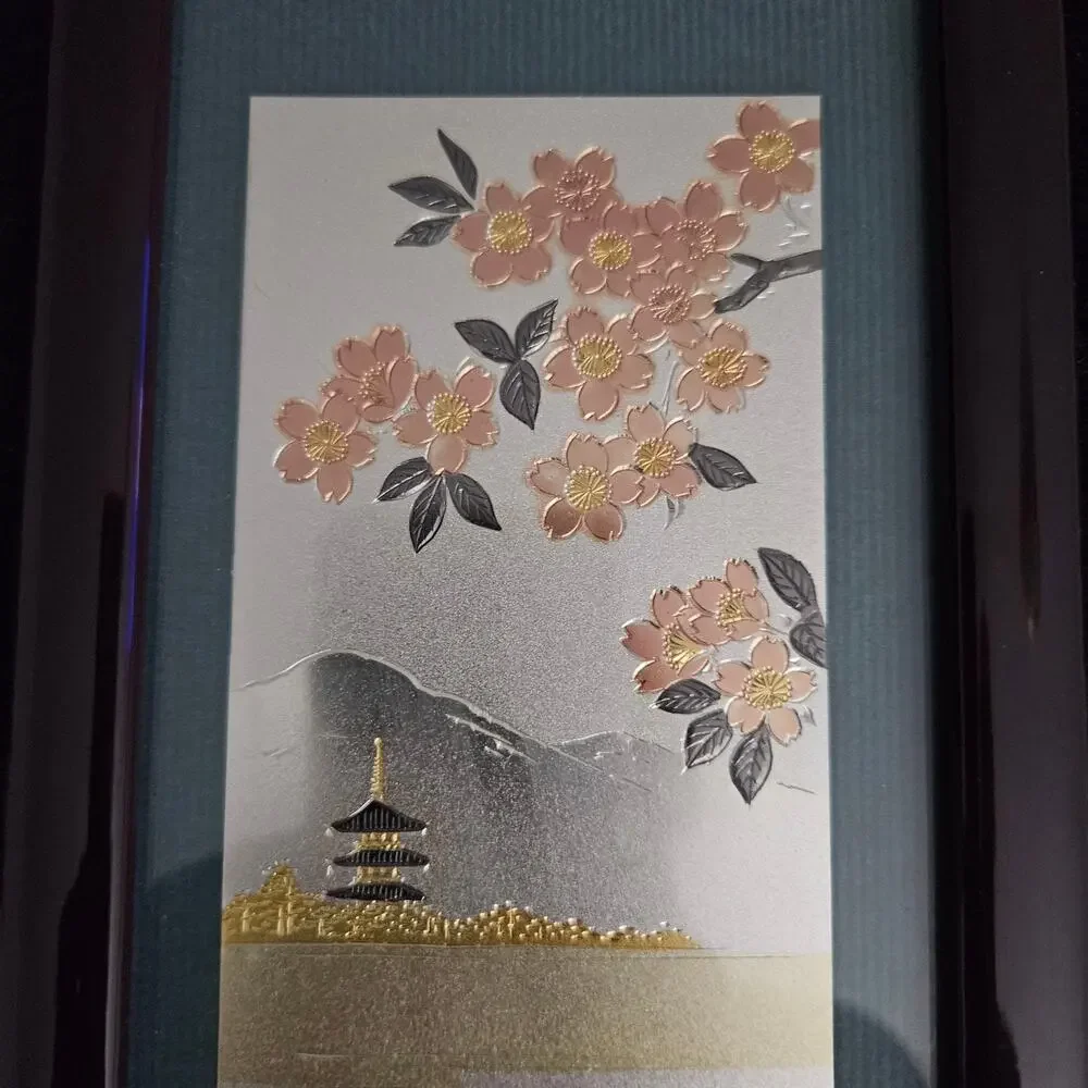 Vintage Japanese Chokin Art Geisha Cherry Blossom Pagoda Framed Foil Wall Art